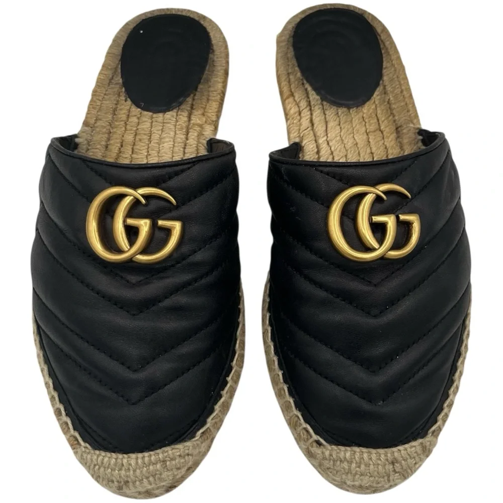 Gucci GG Marmont Black Matelassé Leather Espadrille Mules EU 37 US 7